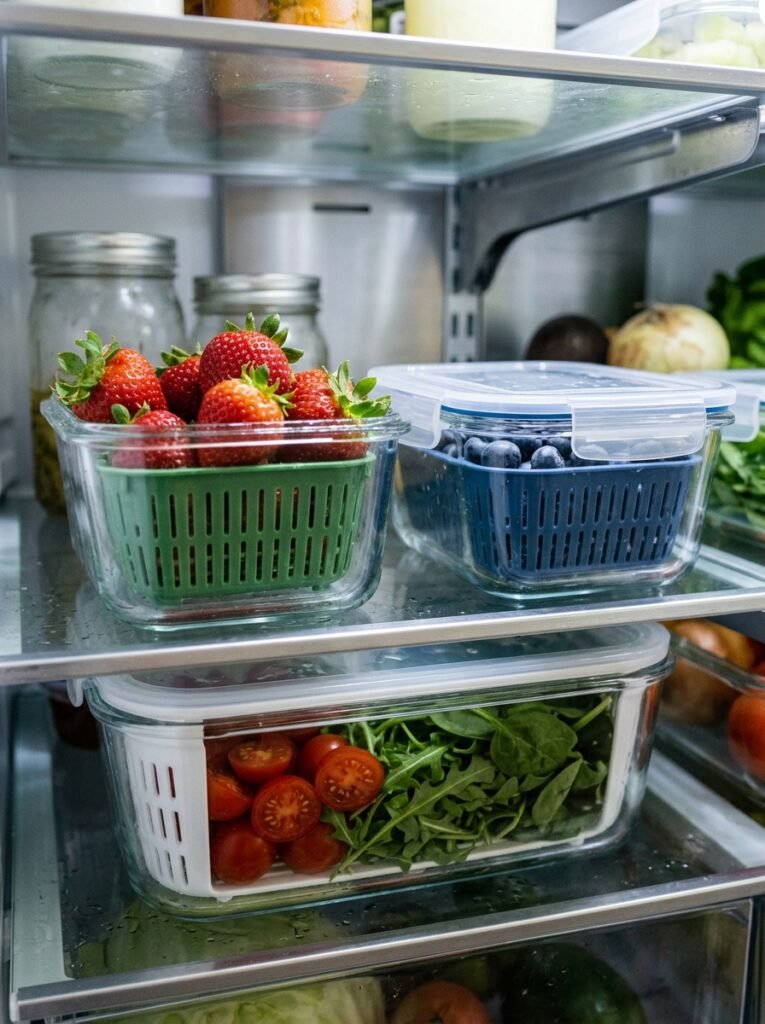 18 Clever Fridge Organization Ideas to Keep Everything Tidy fruits and veggies inside colander containers