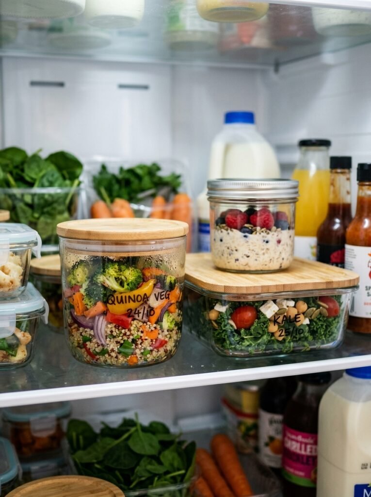 18 Clever Fridge Organization Ideas to Keep Everything Tidy glass containers storing food inside a fridge