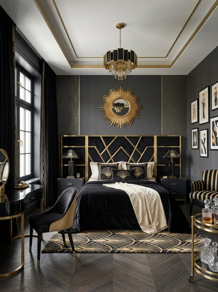 16 Stunning Art Deco Bedroom Ideas for a Glamorous Space gold and black art deco bedroom
