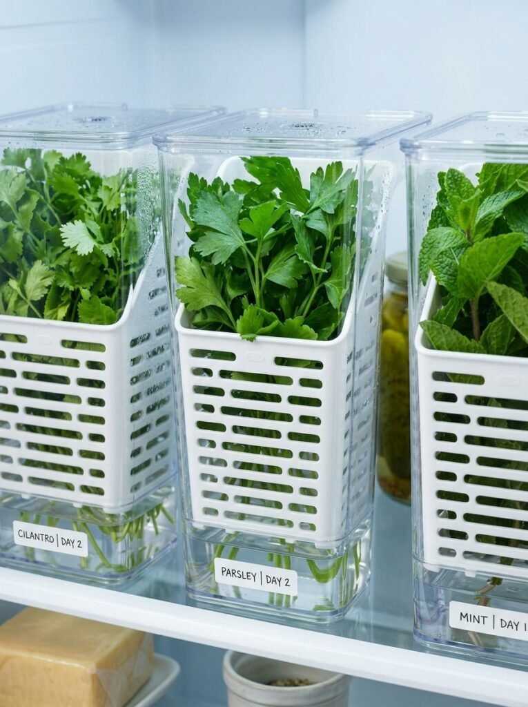 18 Clever Fridge Organization Ideas to Keep Everything Tidy herbs kept inside herb keepers in a fridge