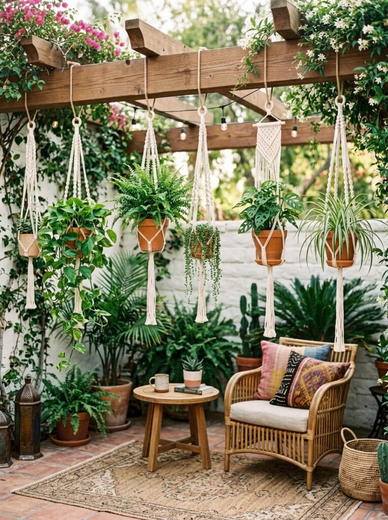 20 Beautiful Boho Patio Ideas For a Dreamy Outdoor Space macrame plant hangers in a boho patio