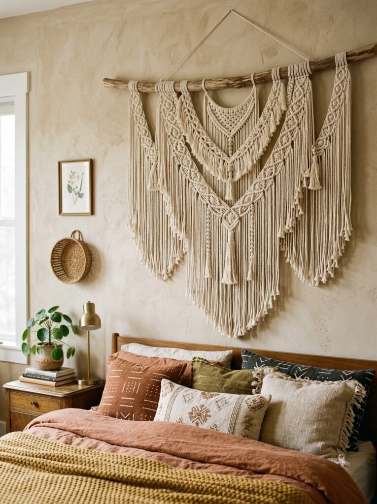 macrame wall art in a boho bedroom