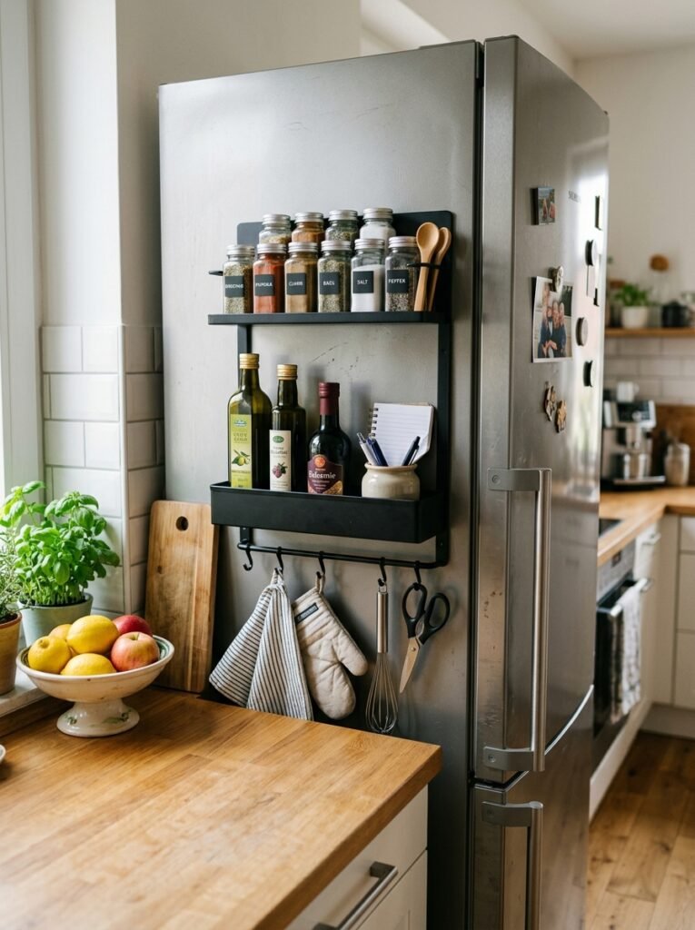 18 Clever Fridge Organization Ideas to Keep Everything Tidy magnetic rack on the sides of a fridge