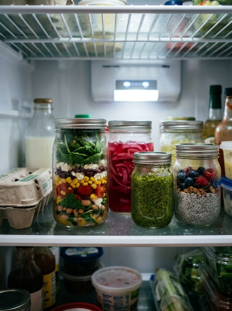 18 Clever Fridge Organization Ideas to Keep Everything Tidy mason jars storing food inside a fridge