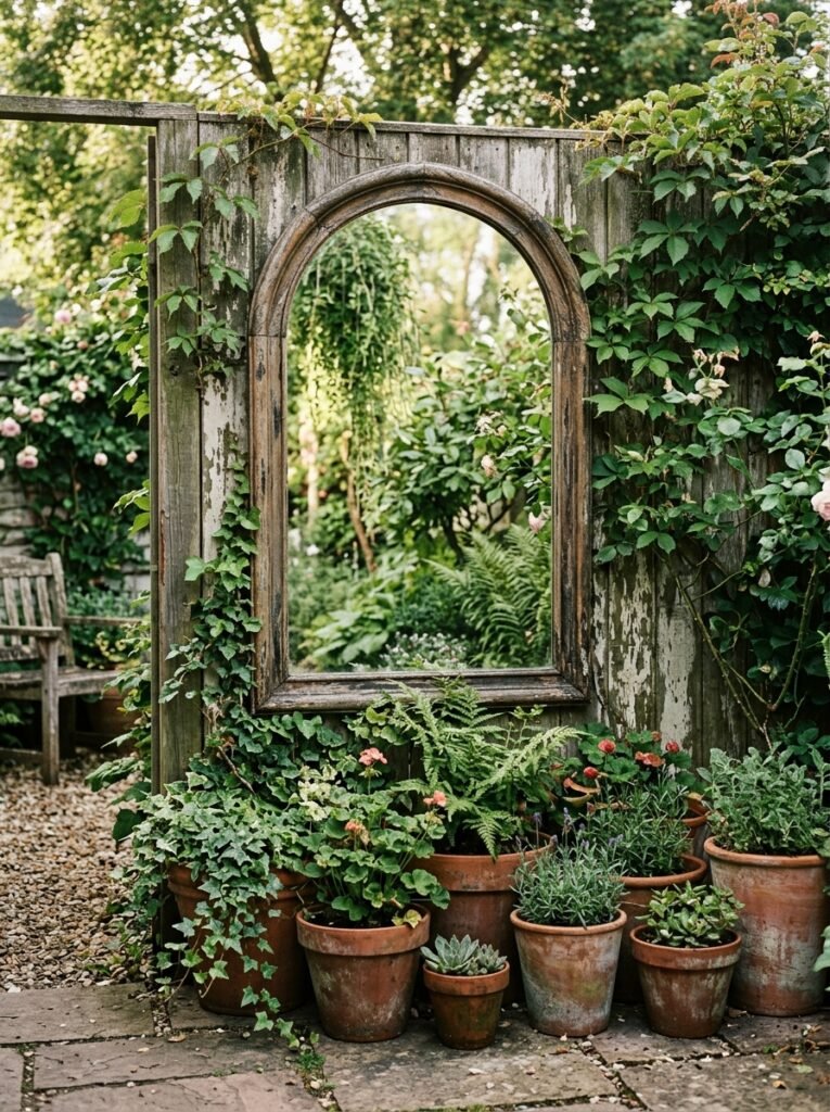 outdoor mirror hanging on a boho patio fence