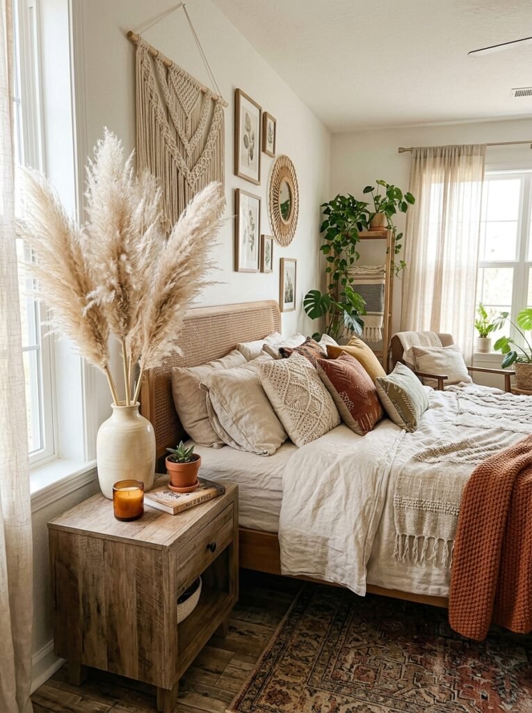 pampas grasses in a  boho bedroom