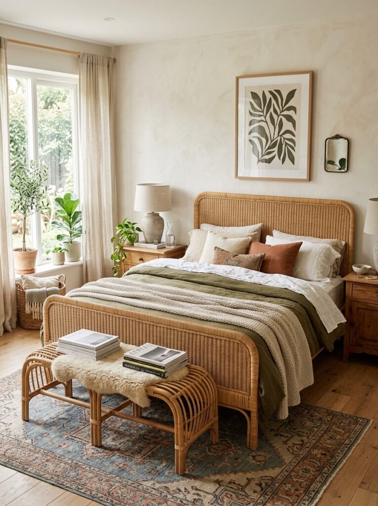 boho bedroom with rattan bed frame