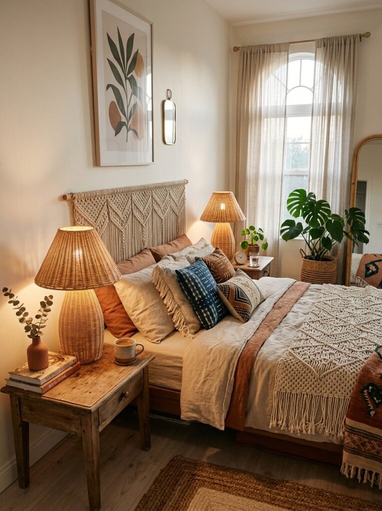 boho bedroom with rattan bedside lamps
