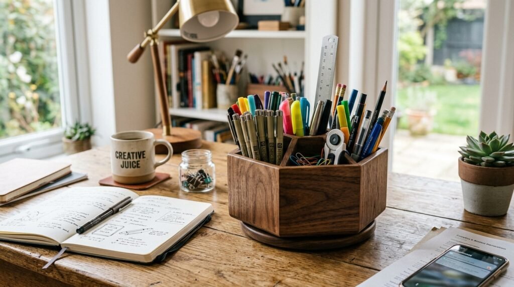 20 Desk Organization Ideas For a More Productive Workspace rotating pen holder 202604071729