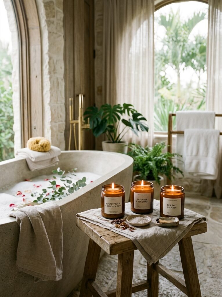 18 Elegant Spa-Like Bathroom Ideas For The Ultimate Retreat scented candles inside spa bathroom