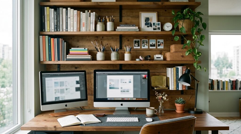 20 Desk Organization Ideas For a More Productive Workspace shelves above work 202604071727