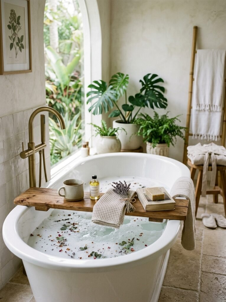 18 Elegant Spa-Like Bathroom Ideas For The Ultimate Retreat spa bathroom with bath tray