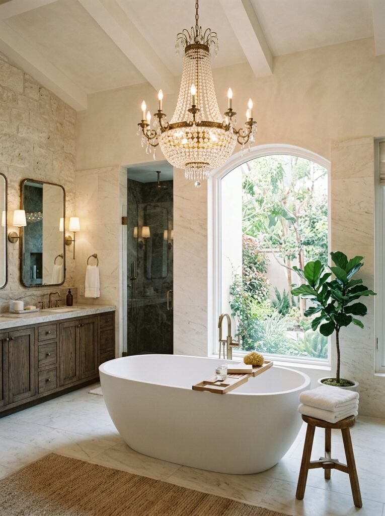 18 Elegant Spa-Like Bathroom Ideas For The Ultimate Retreat spa bathroom with chandelier