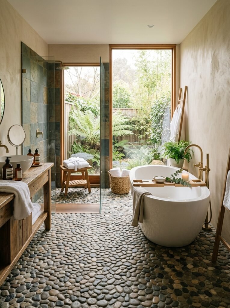 18 Elegant Spa-Like Bathroom Ideas For The Ultimate Retreat spa bathroom with pebble flooring