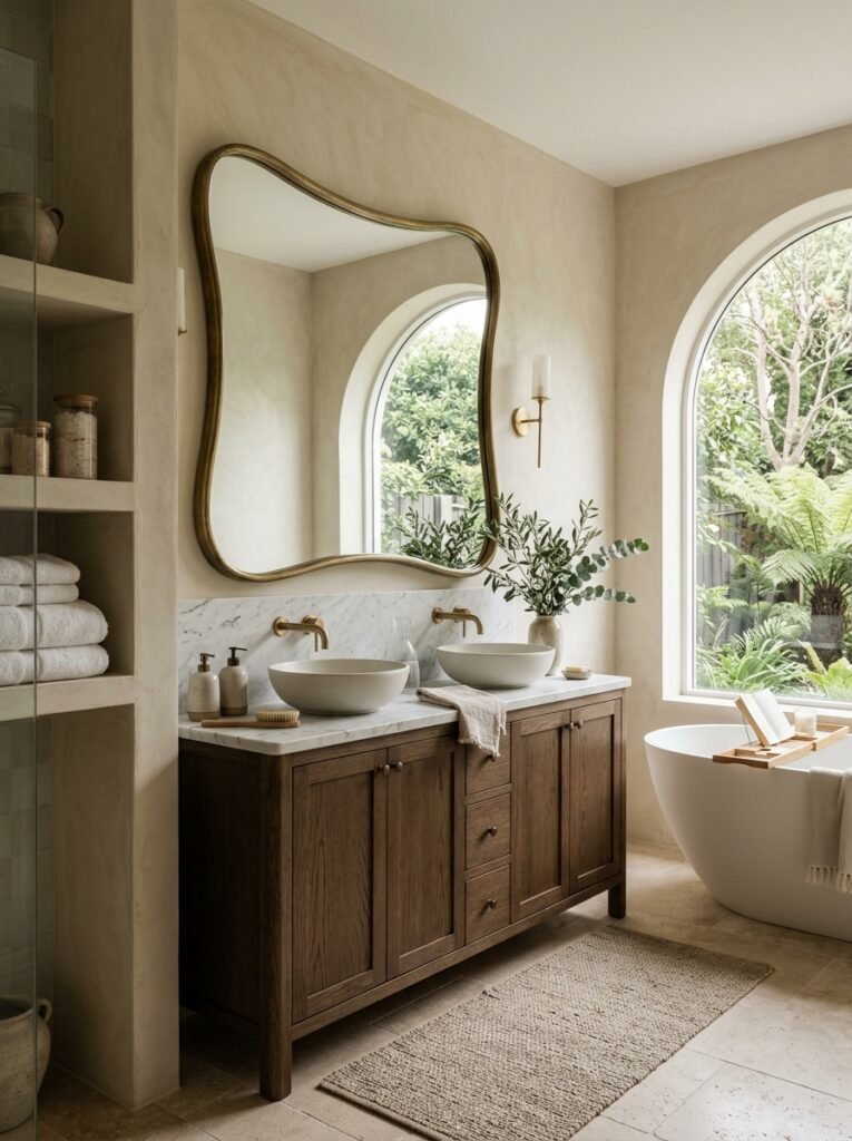 18 Elegant Spa-Like Bathroom Ideas For The Ultimate Retreat spa bathroom with statement mirror