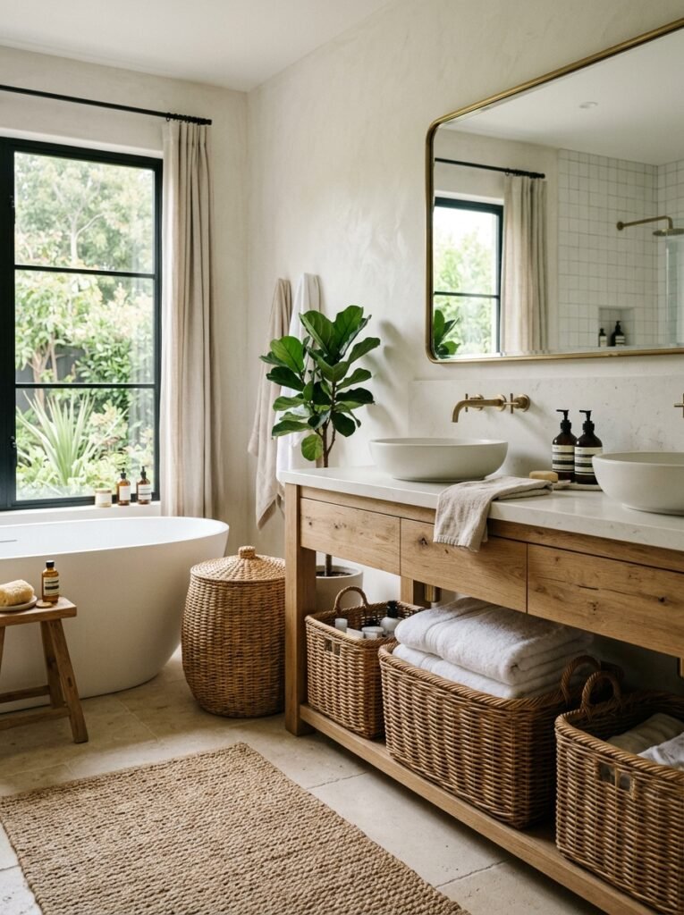 18 Elegant Spa-Like Bathroom Ideas For The Ultimate Retreat spa bathroom with wicker baskets