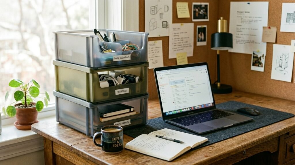 20 Desk Organization Ideas For a More Productive Workspace stackable storage bins 202604071732