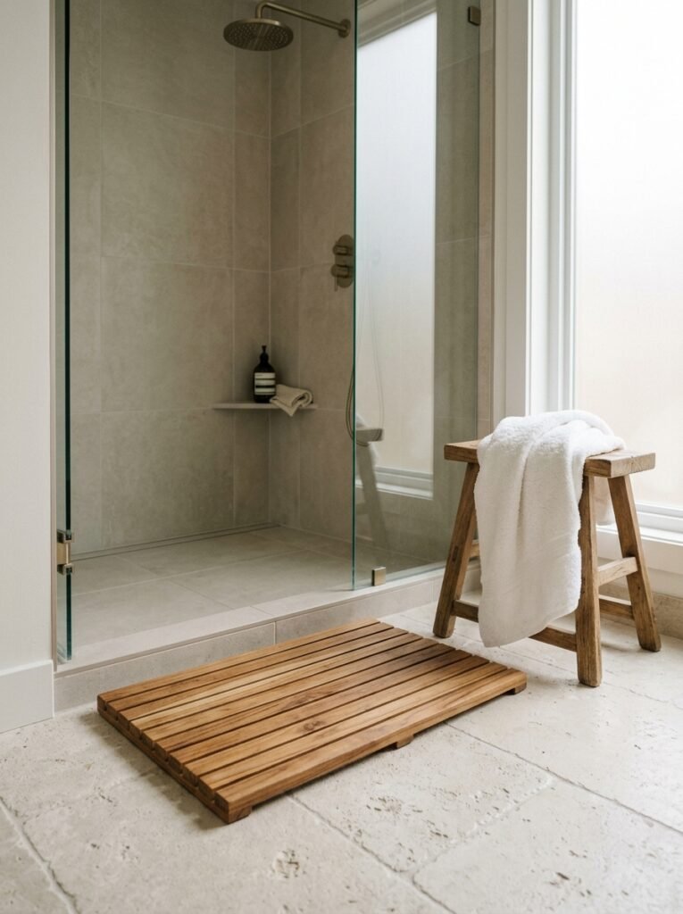 teak bath mat in front of a spa bathroom shower