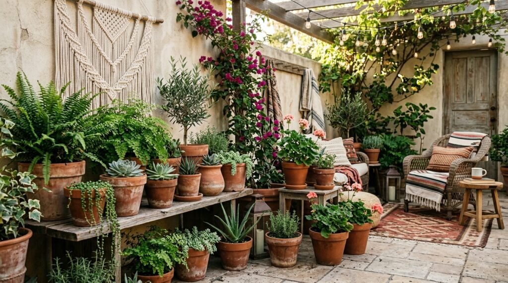 20 Beautiful Boho Patio Ideas For a Dreamy Outdoor Space terracota plants boho 202604092246
