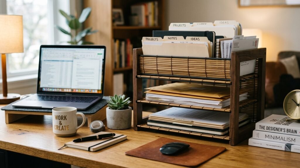 20 Desk Organization Ideas For a More Productive Workspace tiered paper organizers 202604071712