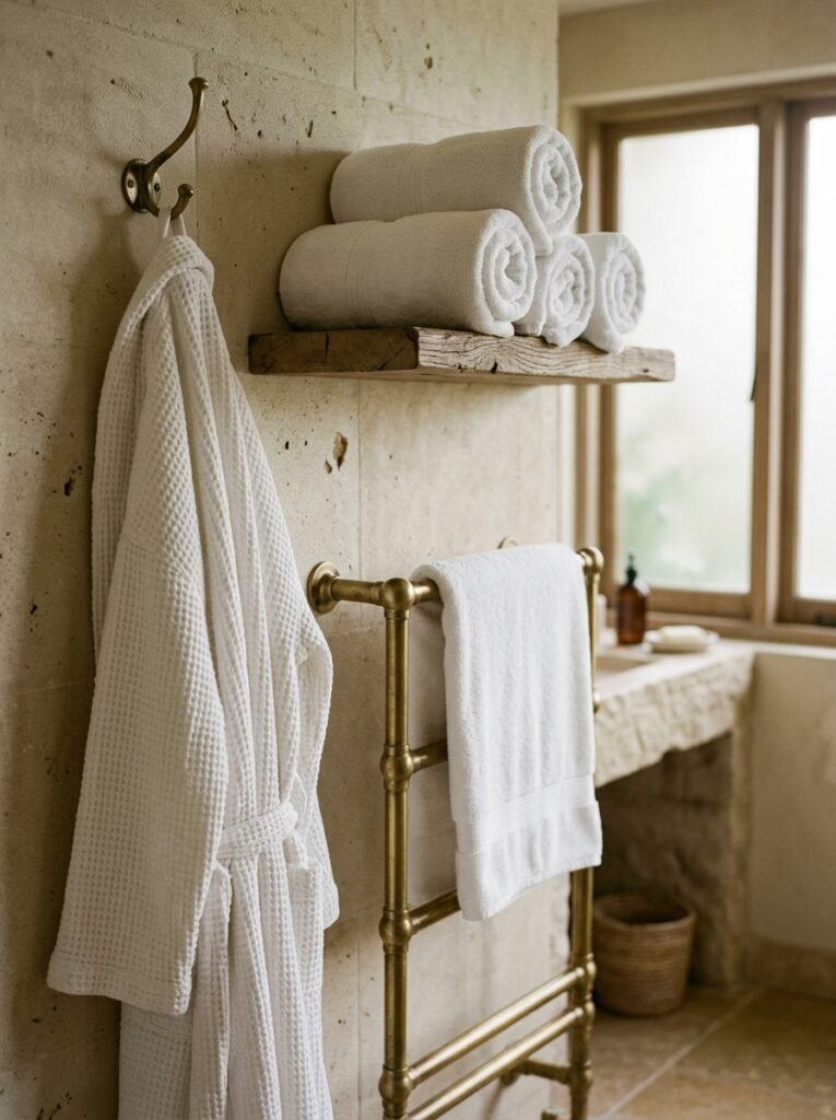 plush white towels and robe in a spa bathroom