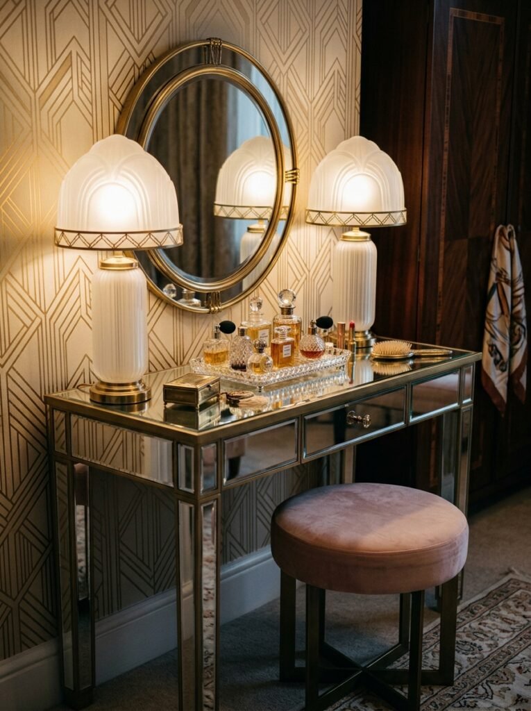 hollywood-style vanity with a mirrored table and glam lamps