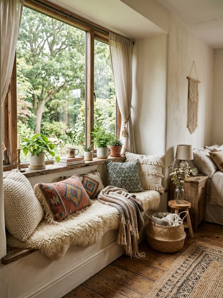 boho window seat in a boho bedroom