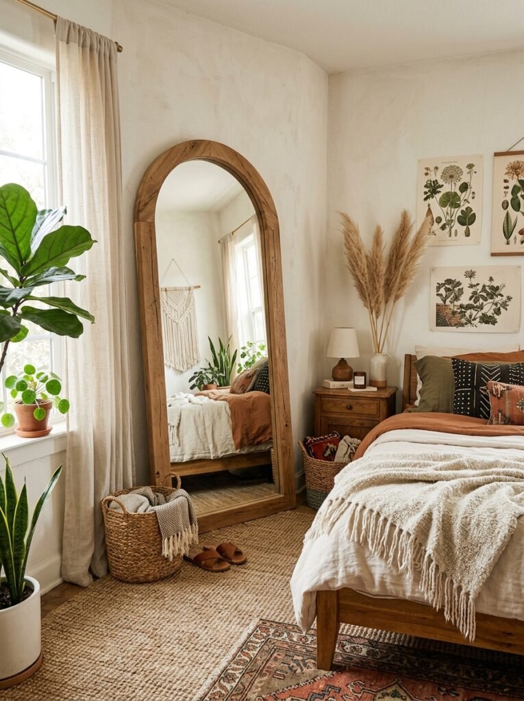 framed arched mirror in a boho bedroom