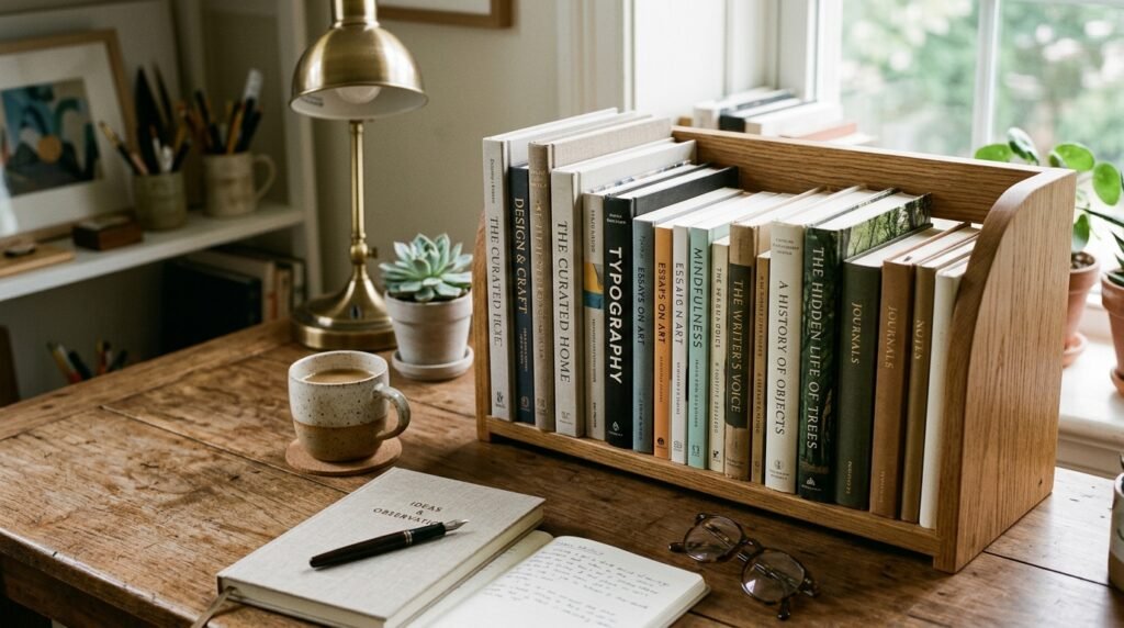 20 Desk Organization Ideas For a More Productive Workspace wooden book rack 202604071721