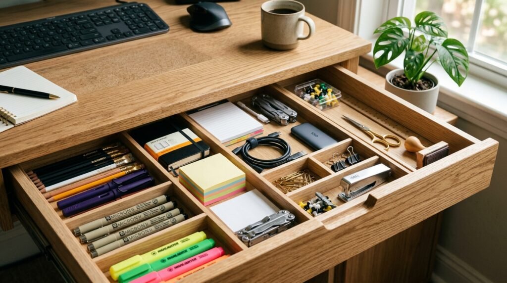 20 Desk Organization Ideas For a More Productive Workspace work desk drawers 202604071716