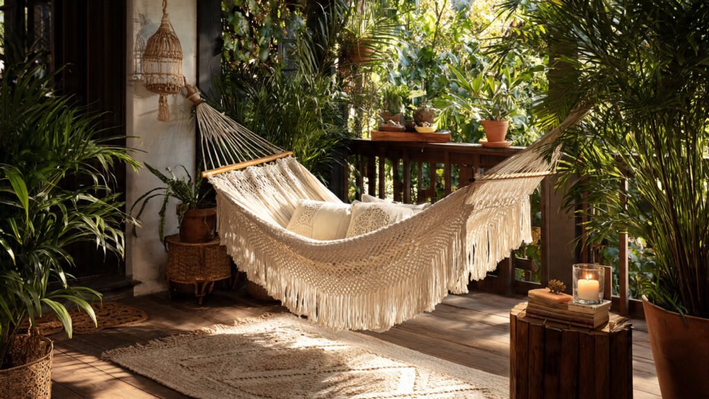 20 Beautiful Boho Patio Ideas For a Dreamy Outdoor Space editorial stye photography of a macrame hammock on
