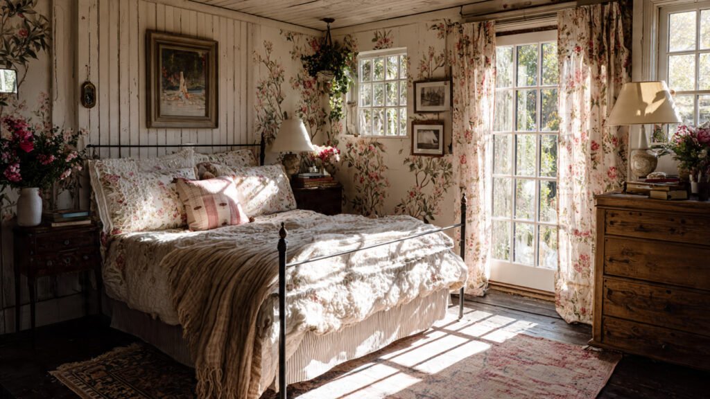 editorial style hpotography of a cottagecore bedro