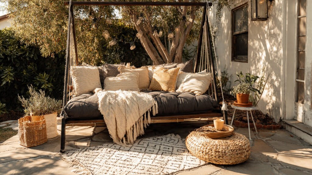 20 Beautiful Boho Patio Ideas For a Dreamy Outdoor Space editorial style hptoography of a boho patio with a