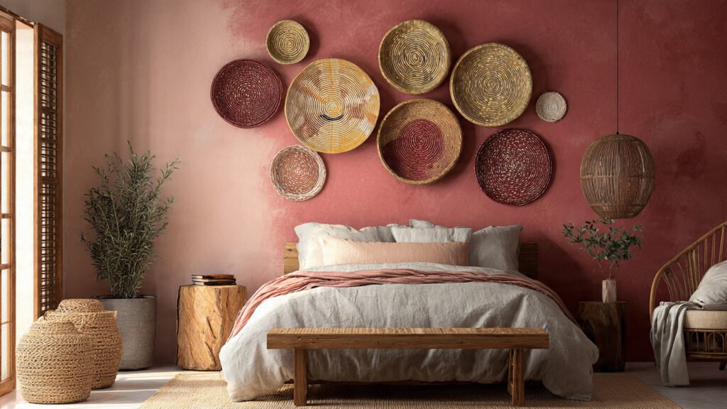 editorial style phootgraphy of a boho bedroom with