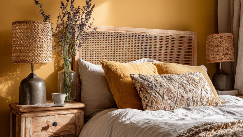 editorial style phootgraphy of a boho bedroom with