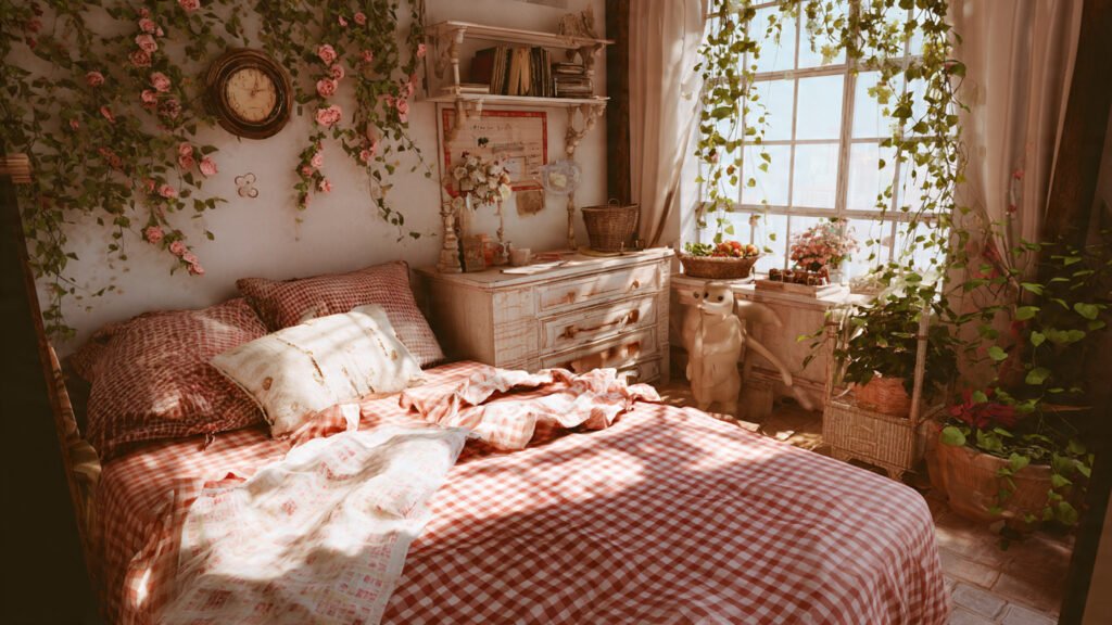 20 Dreamy Cottagecore Bedroom Ideas For The Ultimate Cozy Space editorial style phootgraphy of gingham cottagecore