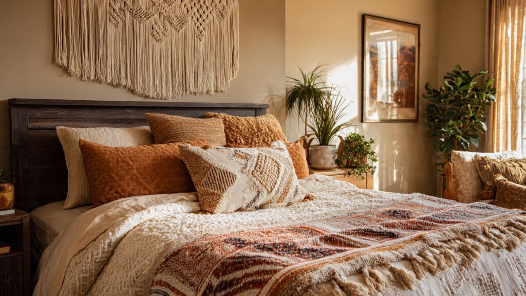 editorial style photography of a boho bedroom with