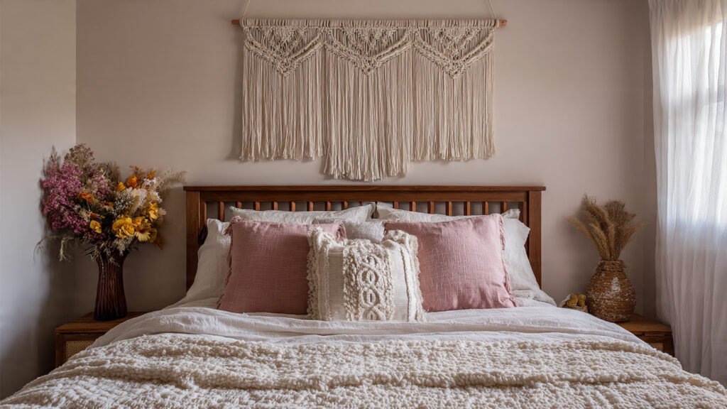 editorial style photography of a boho bedroom with