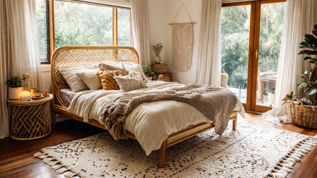 editorial style photography of a boho bedroom with