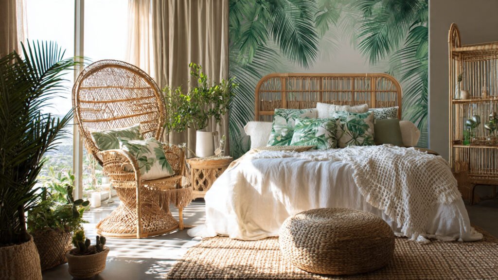 editorial style photography of a boho bedroom with