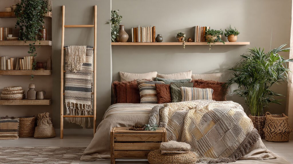 editorial style photography of a boho bedroom with