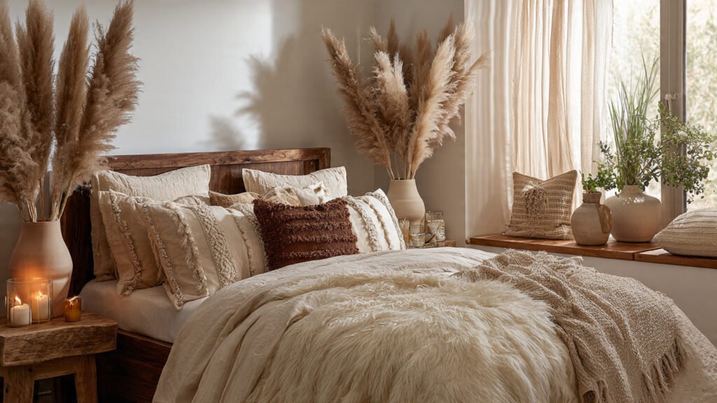 editorial style photography of a boho bedroom with