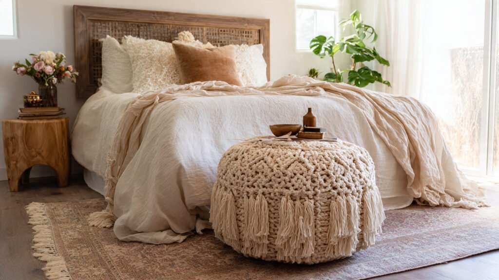 editorial style photography of a boho bedroom with