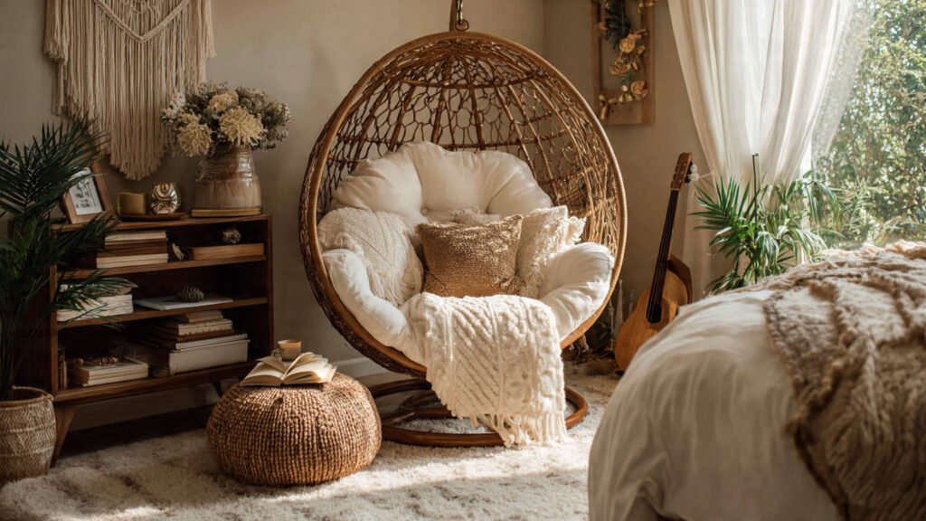 editorial style photography of a boho egg chair in