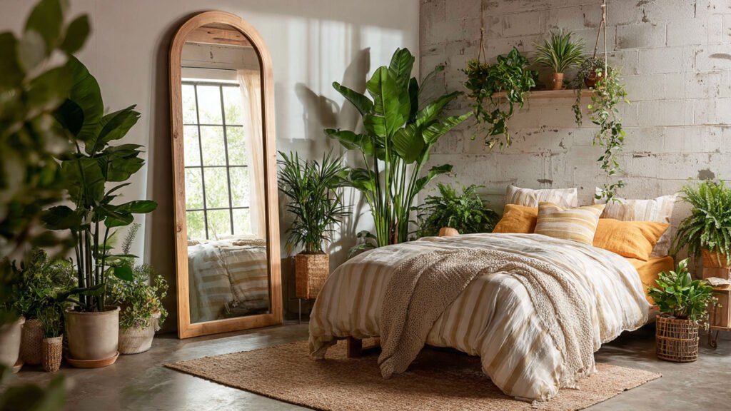 editorial style photography of a boho leaning mirr