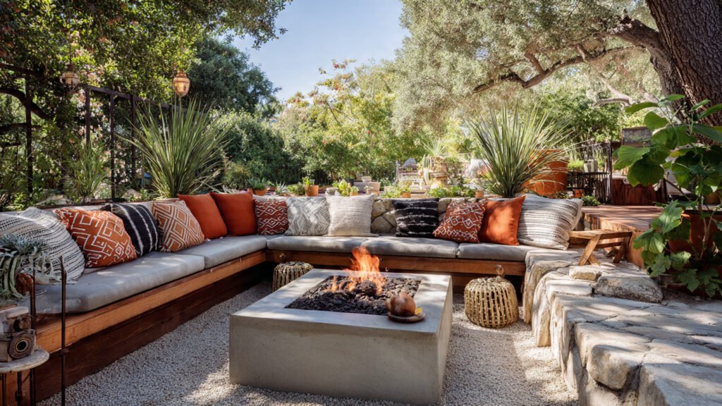 20 Beautiful Boho Patio Ideas For a Dreamy Outdoor Space editorial style photography of a boho patio with a