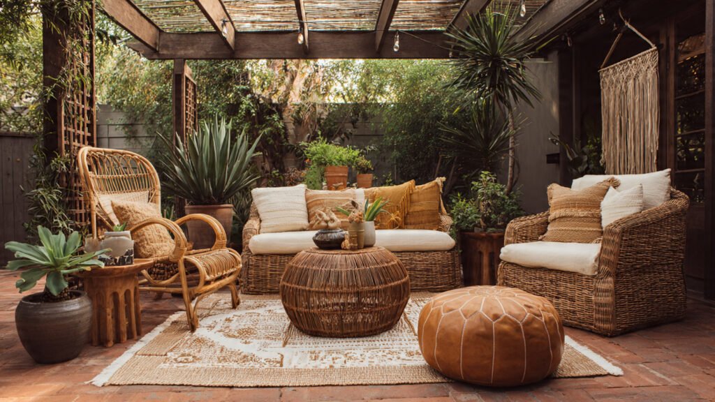 20 Beautiful Boho Patio Ideas For a Dreamy Outdoor Space editorial style photography of a boho patio with a