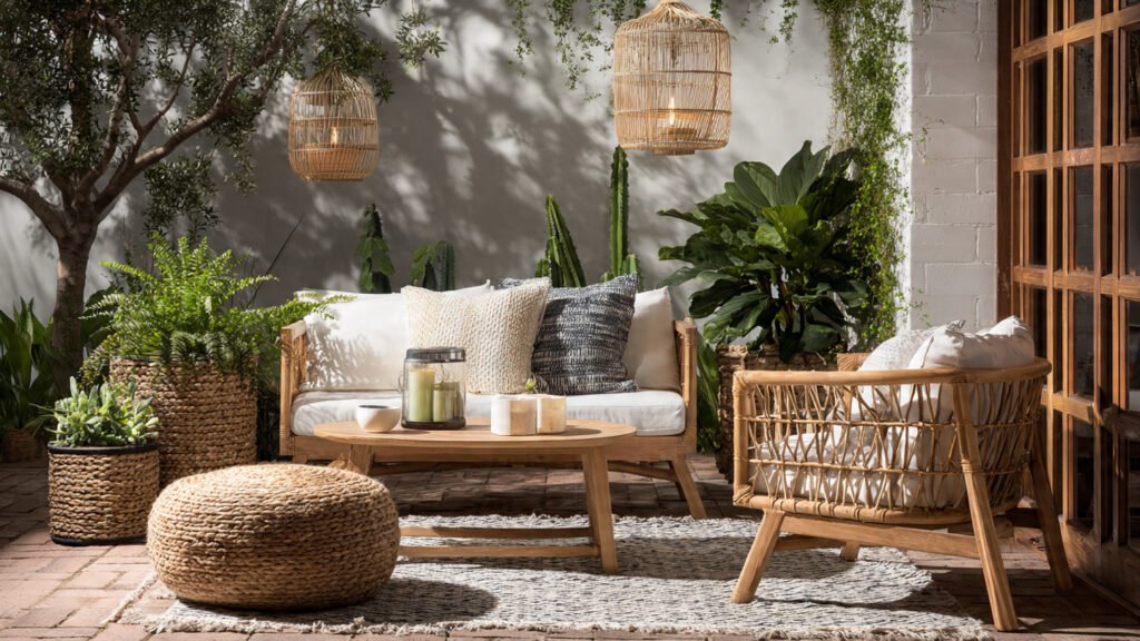 20 Beautiful Boho Patio Ideas For a Dreamy Outdoor Space editorial style photography of a boho patio with f