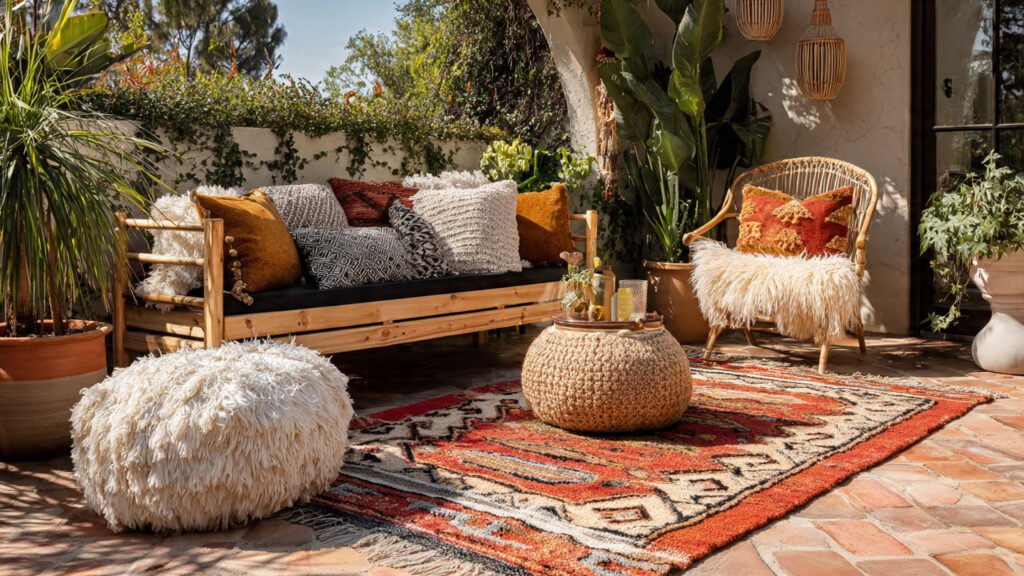 20 Beautiful Boho Patio Ideas For a Dreamy Outdoor Space editorial style photography of a boho patio with l