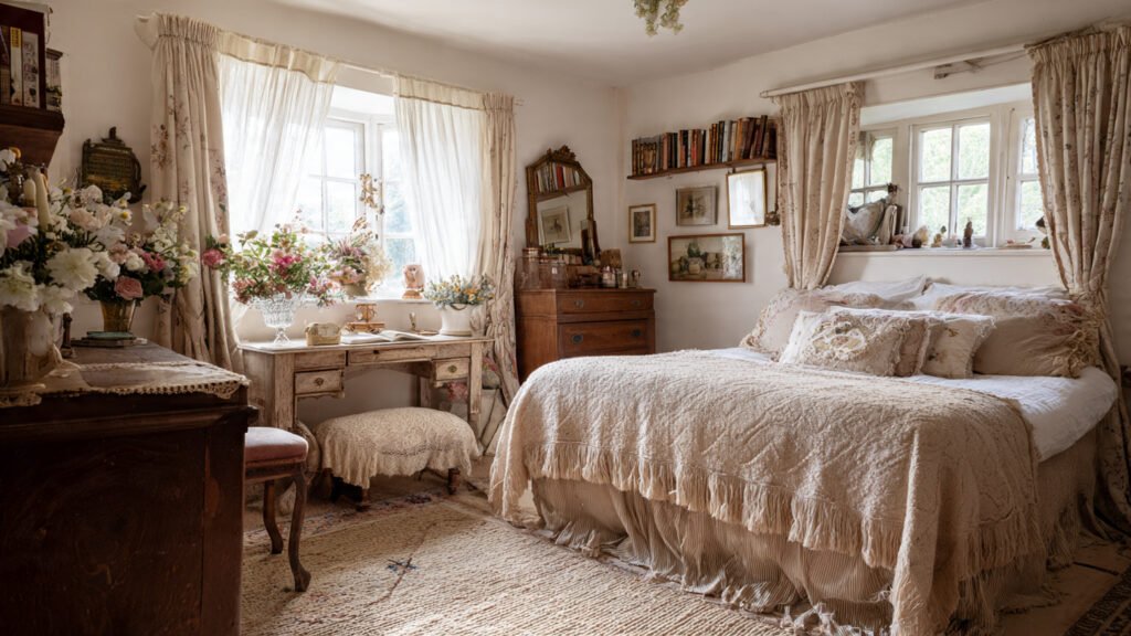 20 Dreamy Cottagecore Bedroom Ideas For The Ultimate Cozy Space editorial style photography of a cottagecore bedro